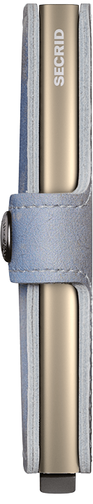 Side view of a sleek, metallic Secrid miniwallet with a light blue leather exterior and a secure button clasp.