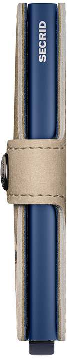 A slim, blue Secrid miniwallet with a beige leather strap and button closure, viewed from the side.