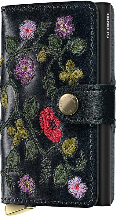 Front view image of premium-miniwallet-stitch-floral-black wallet