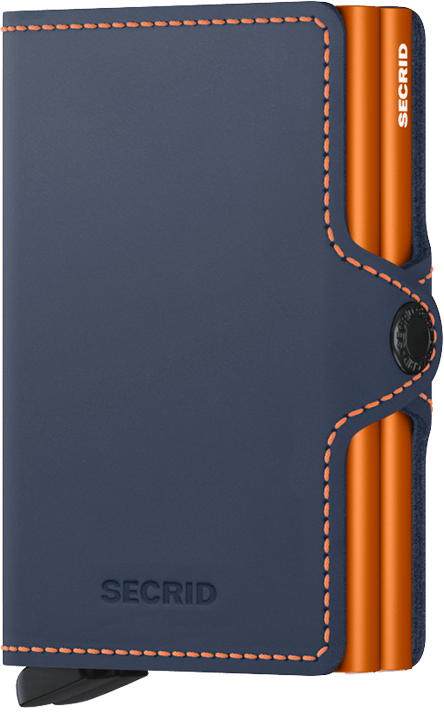 Front view image of twinwallet-matte-nightblue-orange wallet