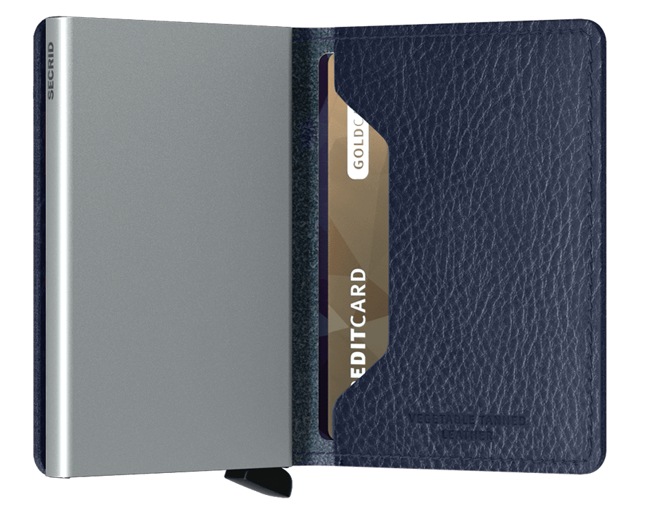 Slimwallet vegetable tanned navy silver expl